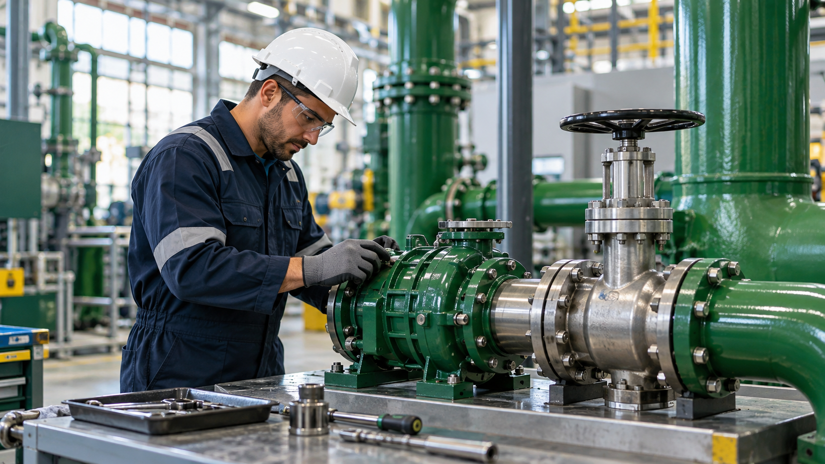Concepto con IA de un técnico inspeccionando una bomba en un taller
