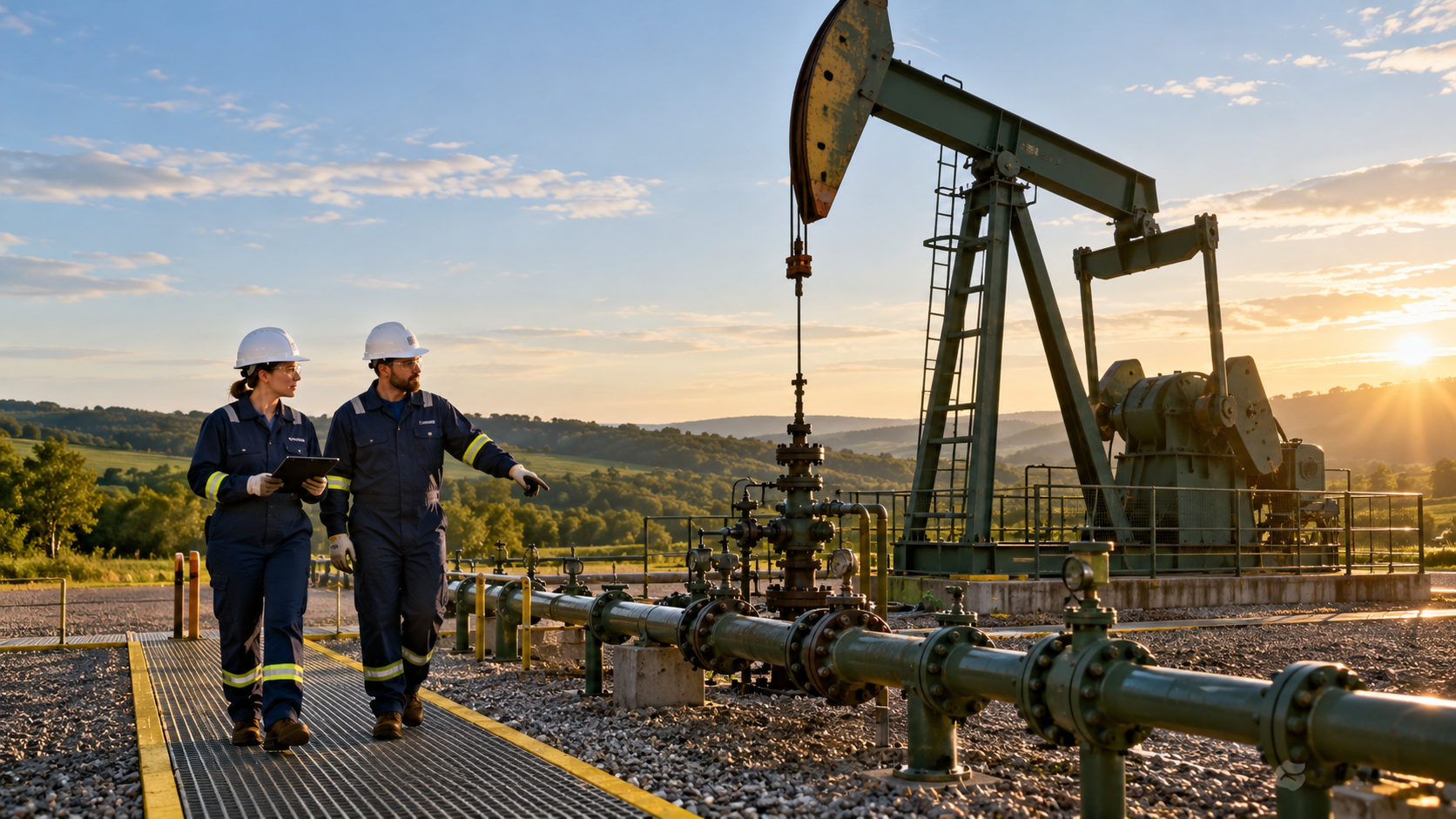 Concepto con IA de técnicos inspeccionando una bomba petrolera y tuberías