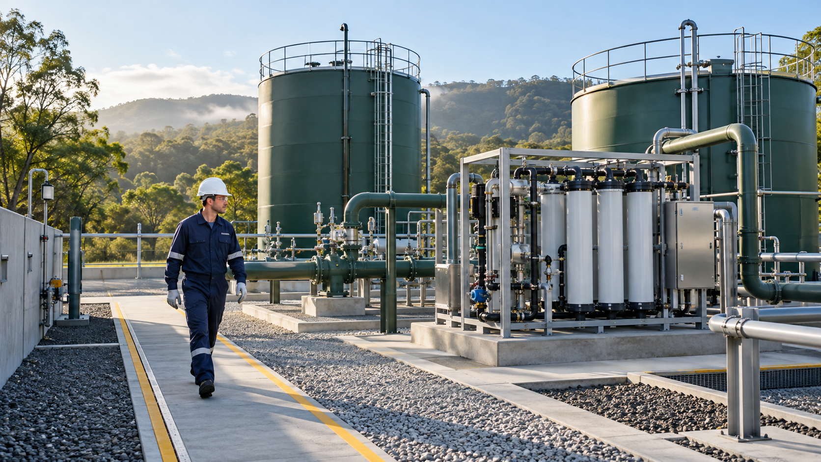 Concepto con IA de tanques de agua y equipos de filtración en una zona de servicio
