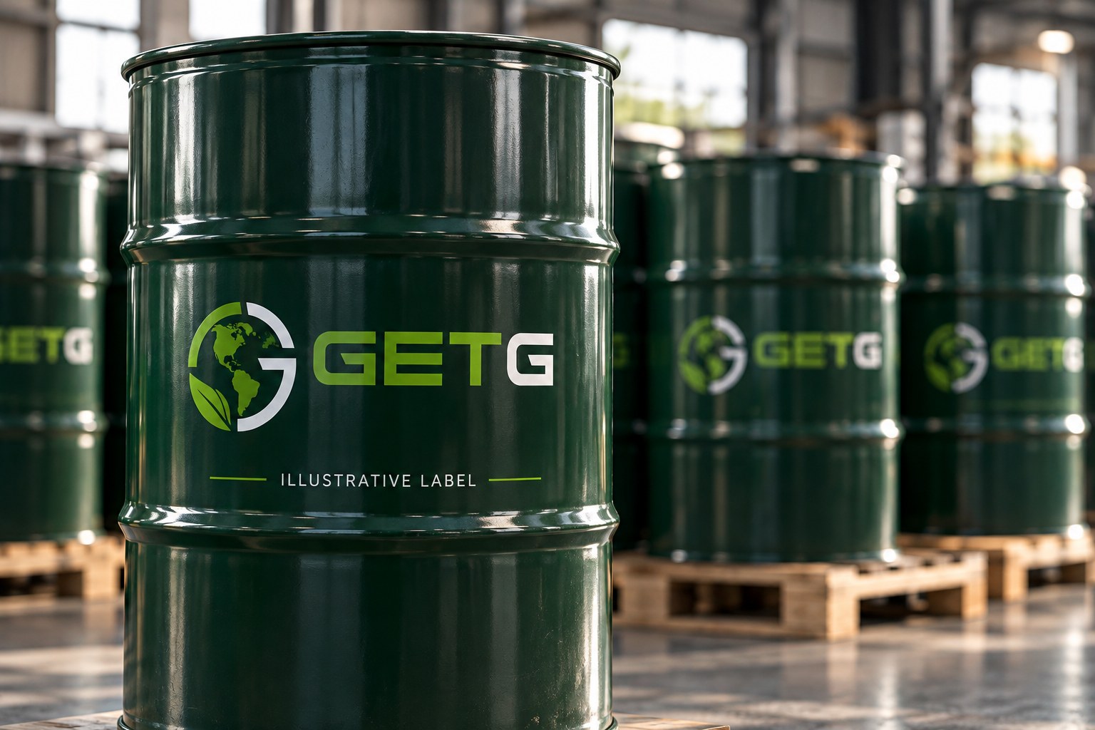 Imagen ilustrativa de barriles verdes con la marca GETG